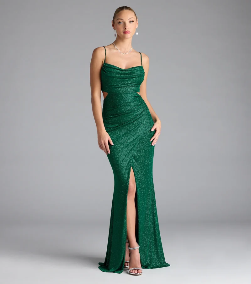 Elliana Cutout Slit Glitter Formal Dress