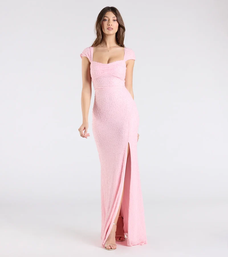 Greta Short Sleeve Lace-Up Slit Beaded Formal Dress
