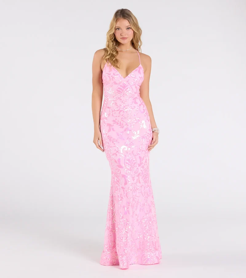 Jessica Lace-Up Mermaid Sequin Formal Dress