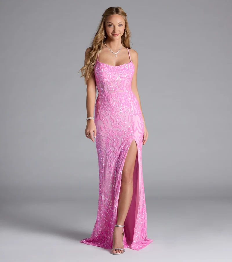 Lani Lace-Up Slit Mermaid Sequin Formal Dress