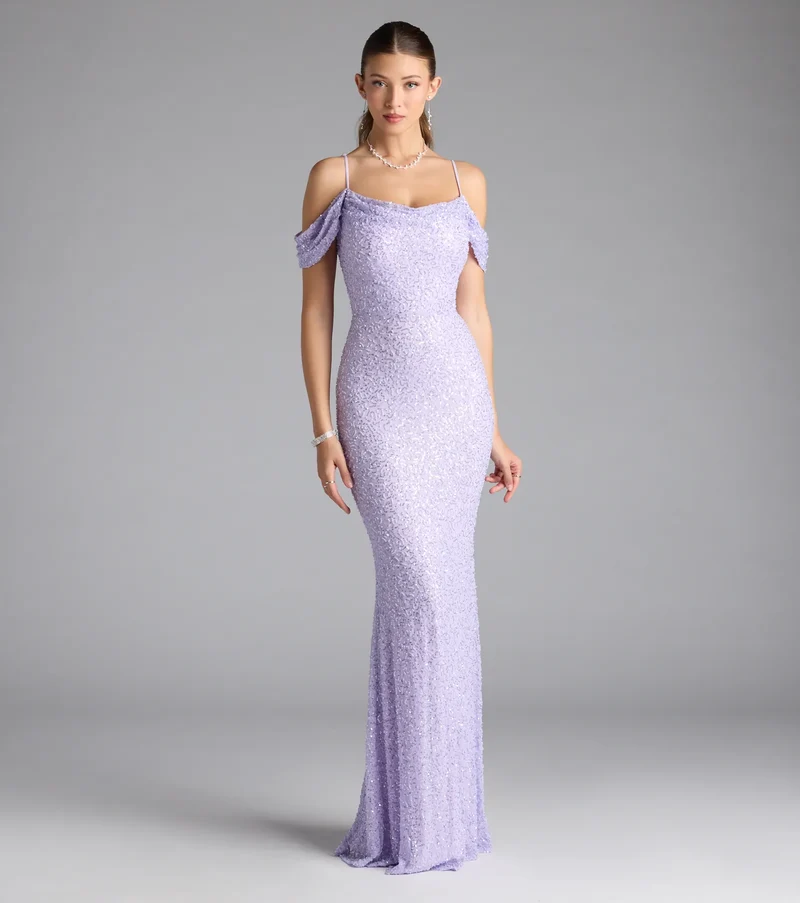 Faye Cold Shoulder Mermaid Beaded Formal Dress