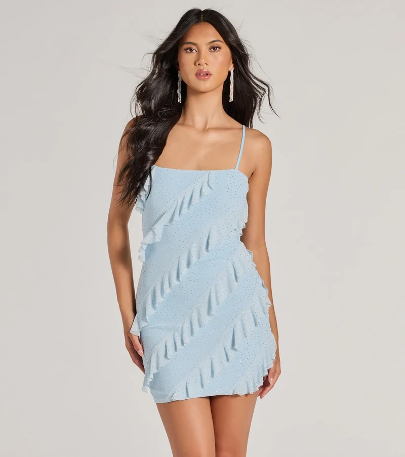 Glitzy Cutie Rhinestone Ruffled Mesh Mini Dress