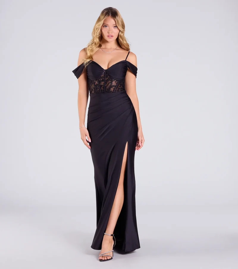 Celine Cold Shoulder Corset Slit Bodycon Formal Dress