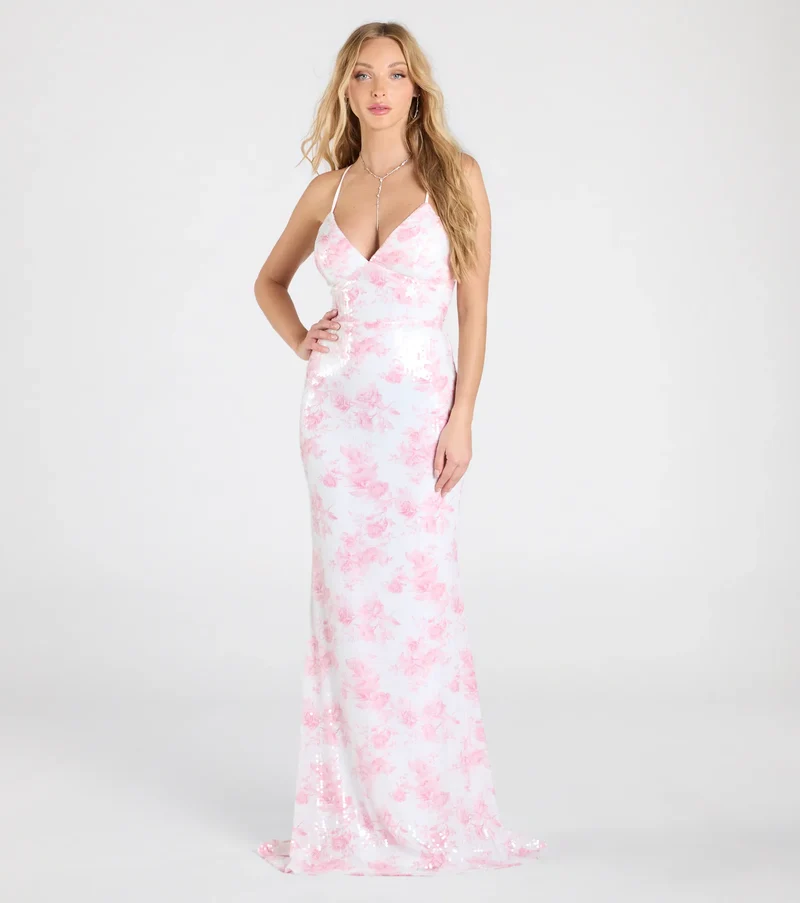 Farryn Lace-Up Mermaid Floral Sequin Formal Dress