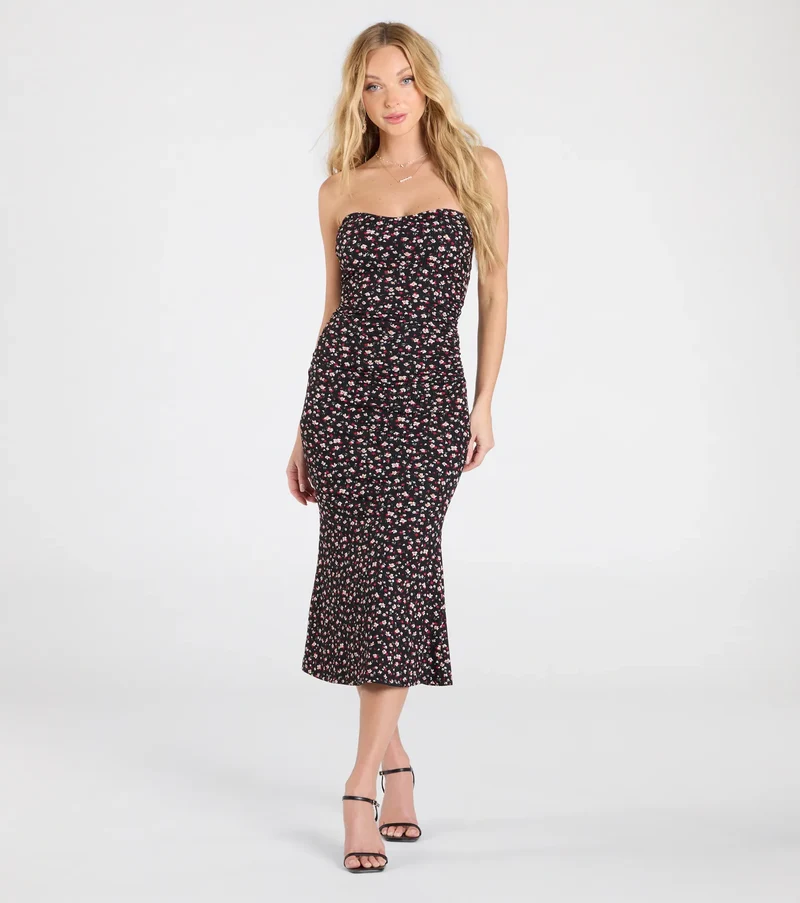 Sweetest Soul Strapless Floral Flare Midi Dress