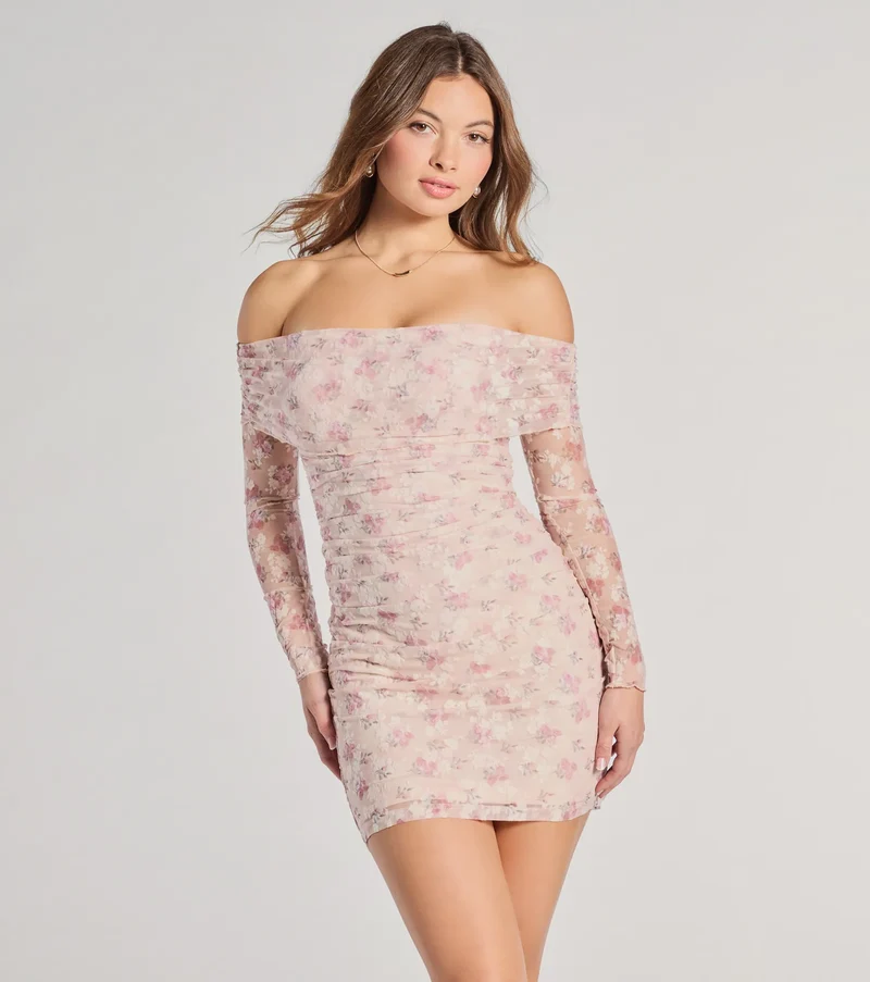 In The Garden Off-The-Shoulder Floral Mesh Mini Dress