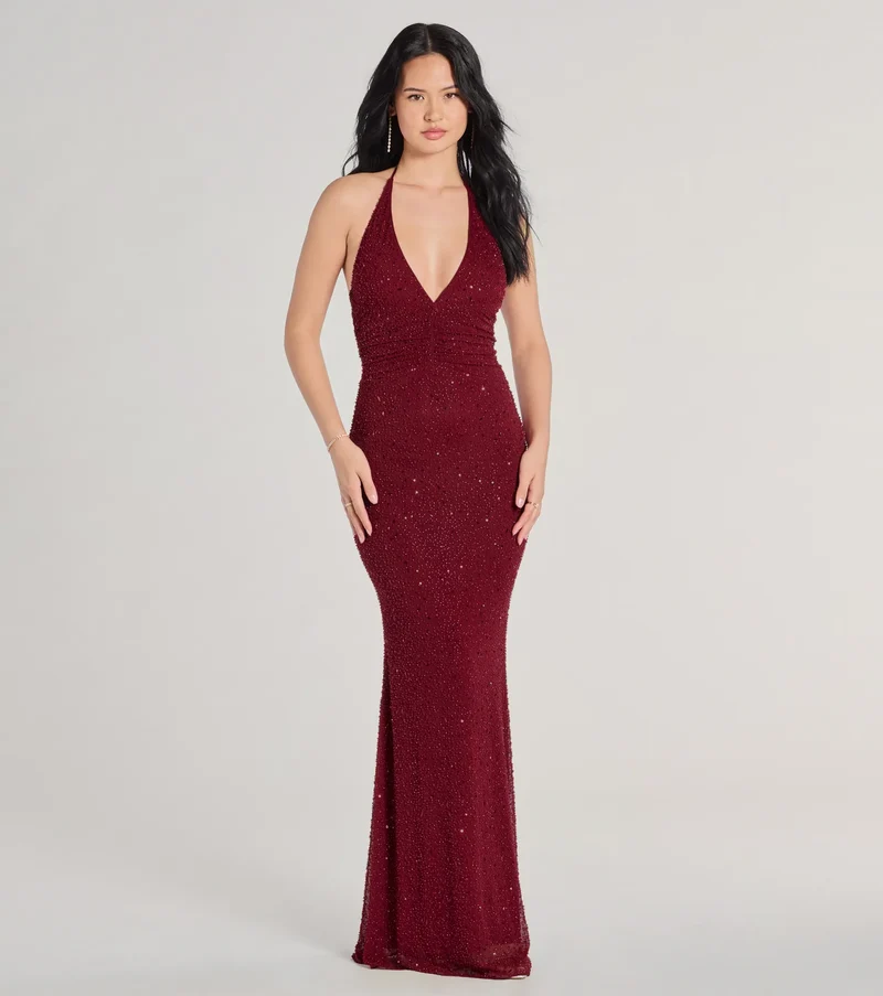 Blake Halter V-Neck Beaded Column Formal Dress