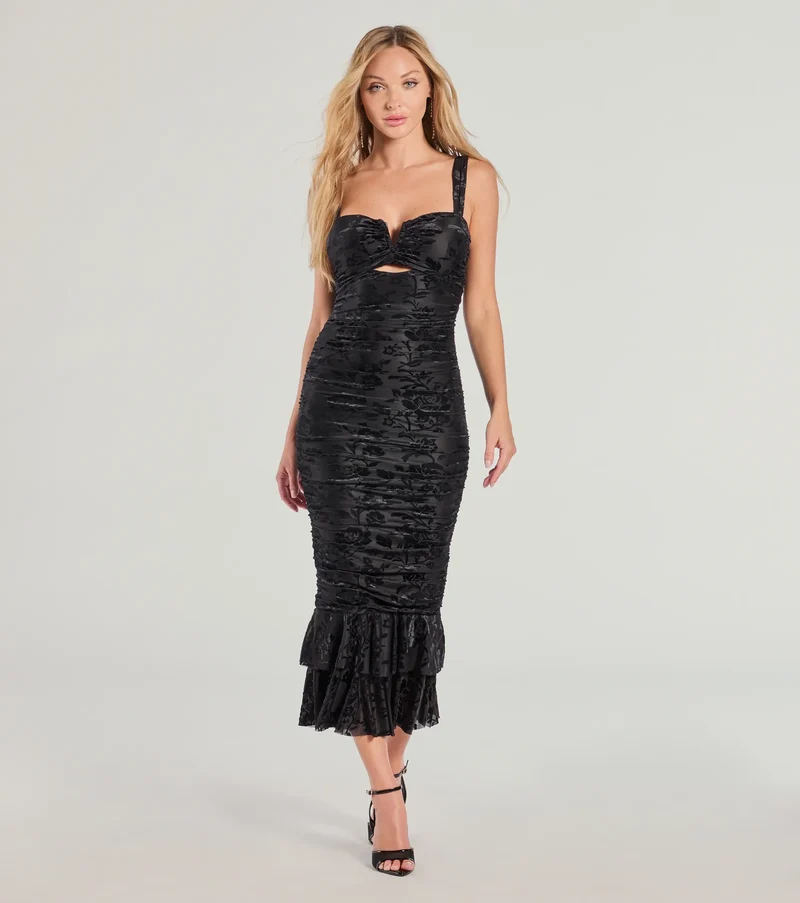 Ravishing Allure Velvet Pattern Ruffle Midi Dress
