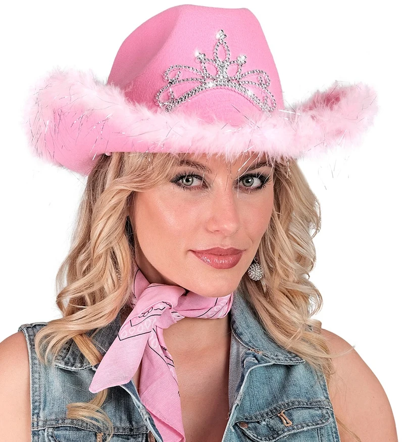 Rosa Cowgirl Hut mit Tiara und Marabu Verzierung