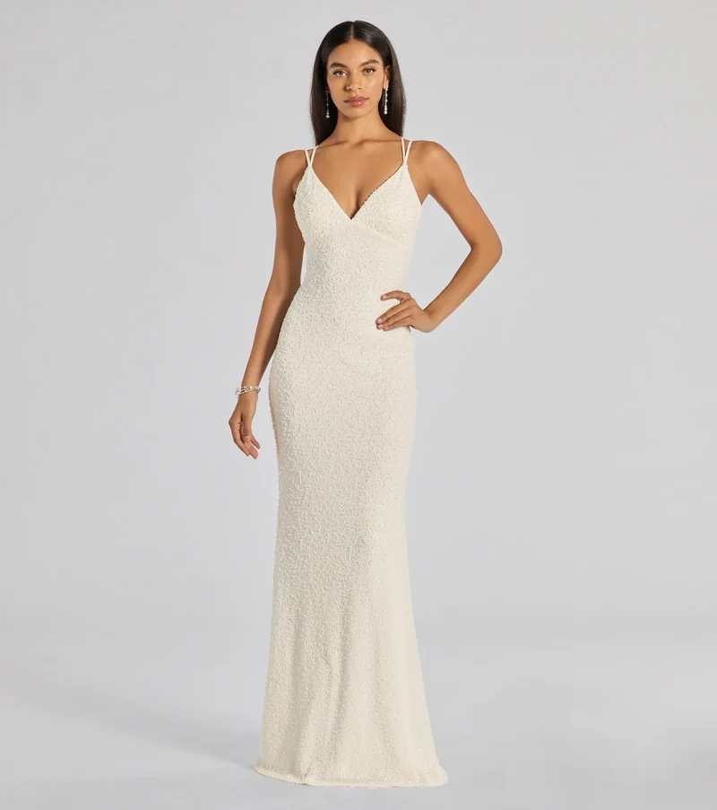Danni Lace-Up Beaded Lace Column Dress