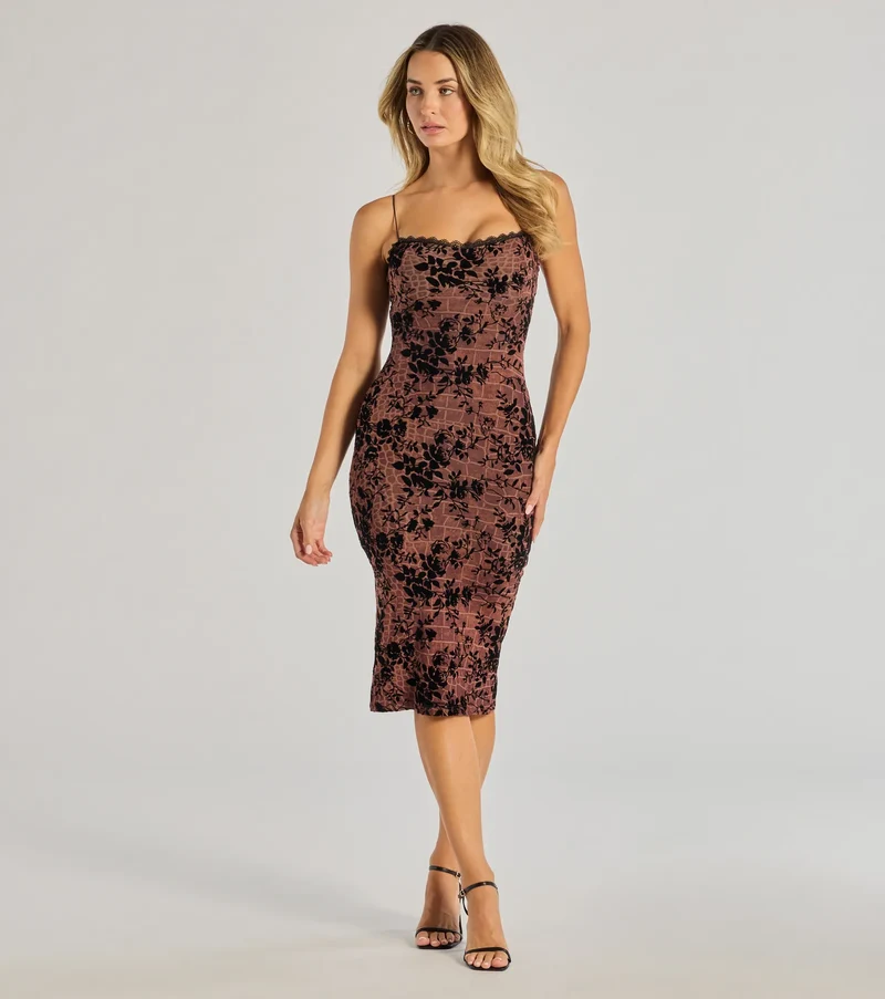 Flawless Look Flocked Floral Mesh Bodycon Midi Dress
