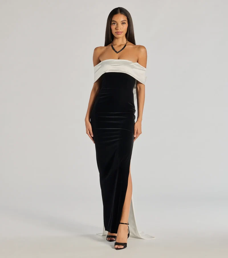 Verona Off-The-Shoulder Bow Back Velvet Formal Dress