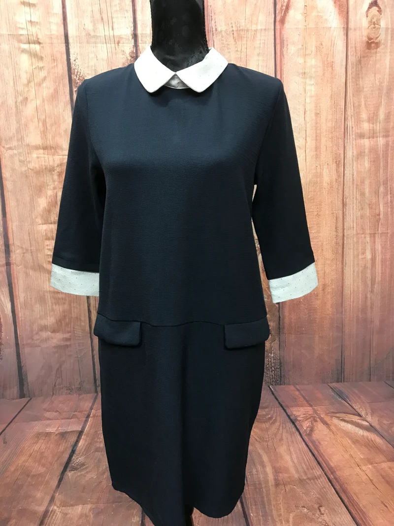 Vintage Kleid im 60er Jahre Stil, dunkelblaues Kleid Gr.44 , mit Bubikragen und tiefer Taillie