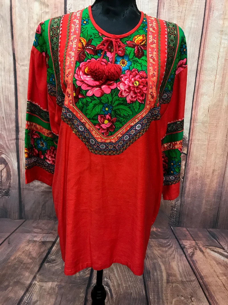 Vintage Tunika Ethno Blumenmuster Rot 70er Jahre Stil Gr. 42