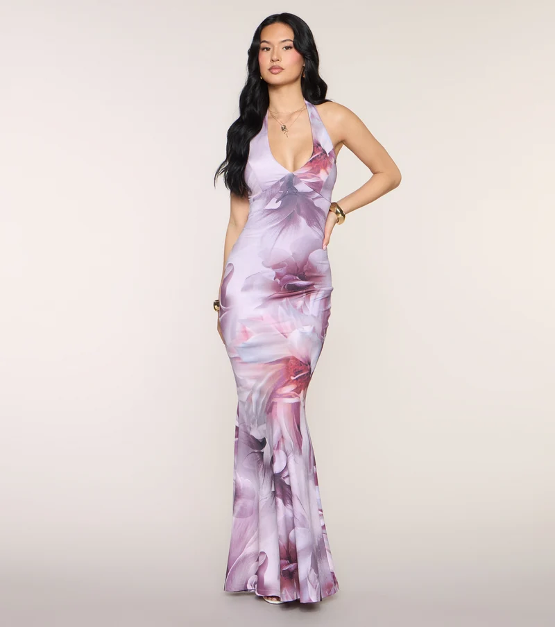 Natalia Floral Halter Formal Dress