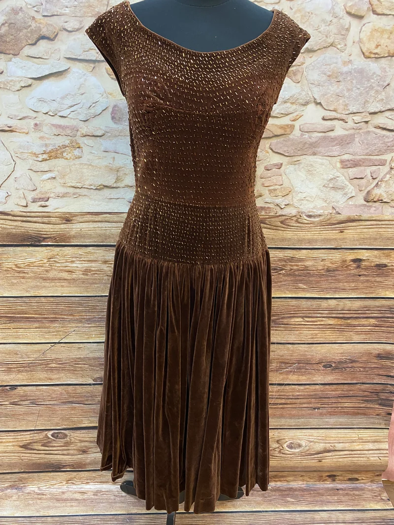 Vintage 50er Jahre Kleid Braun Samt Gr. 38
