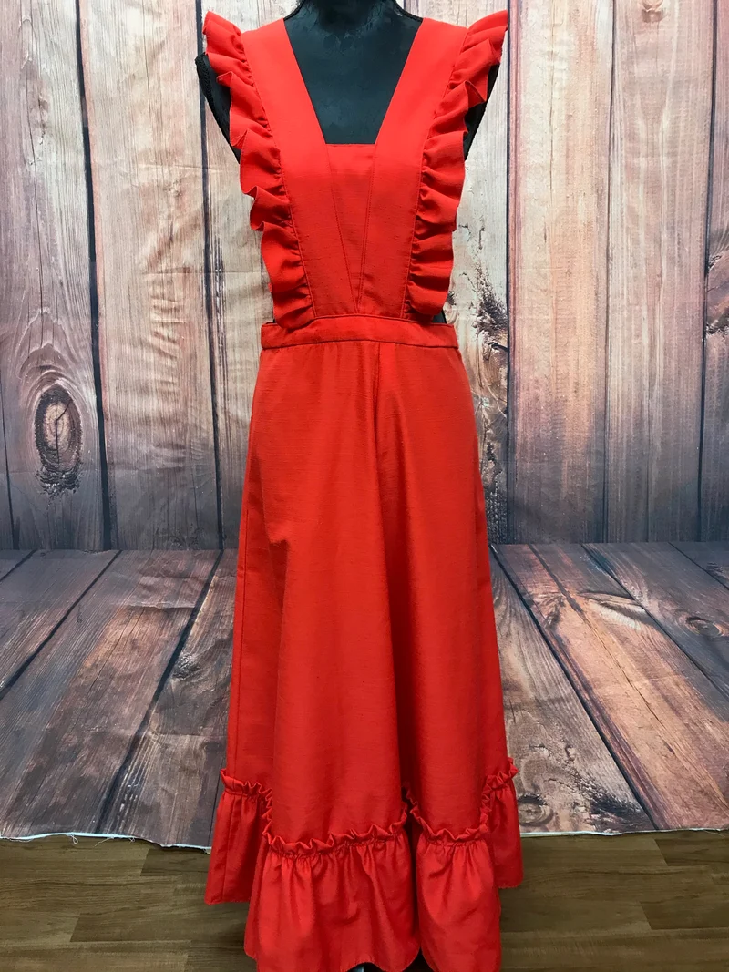1970er Vintage Kleid rot mit Volants Gr. 44 – romantisches Boho Maxi Kleid