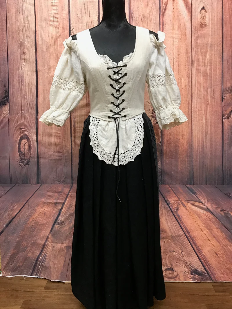Landhausstil Kleid aus Leinen mit Spitzen-Schürze – Größe M (ca. 38)