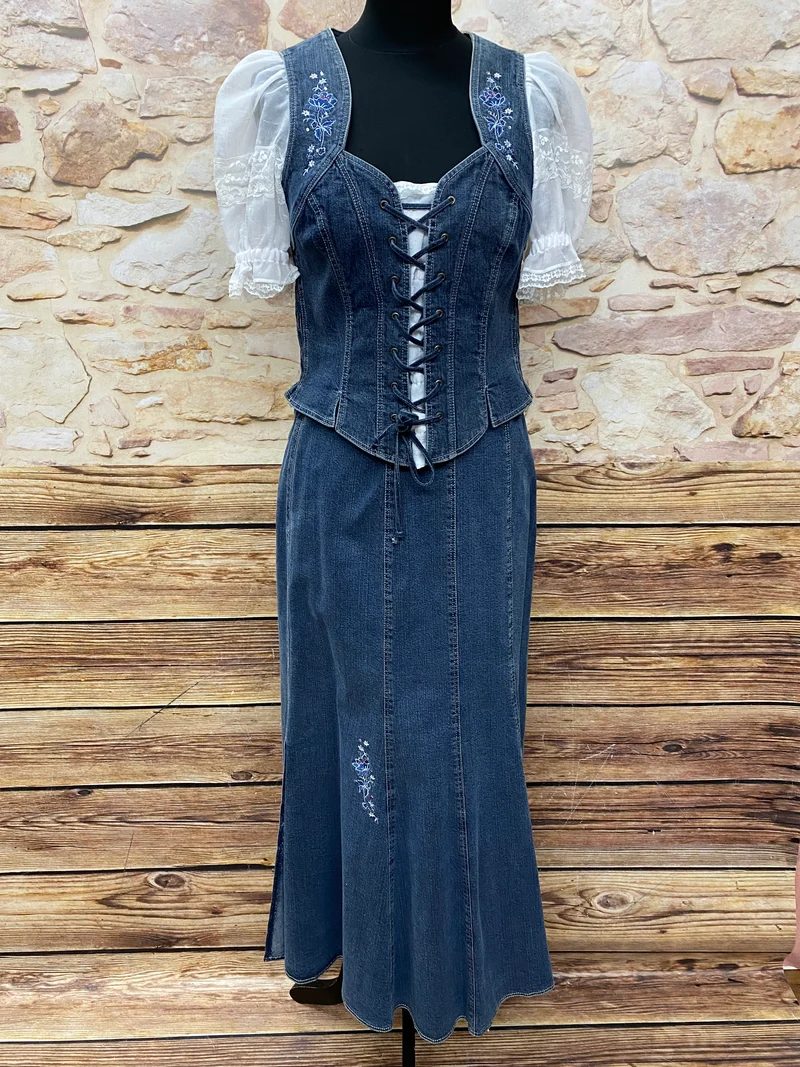 Landhaus-Trachtenzweiteiler Gr. 40 – Denim-Optik in Blau/Weiß