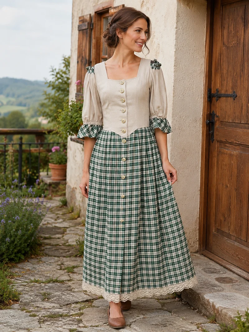 Vintage Trachtenkleid beige grün - Landhausstil, Größe 38