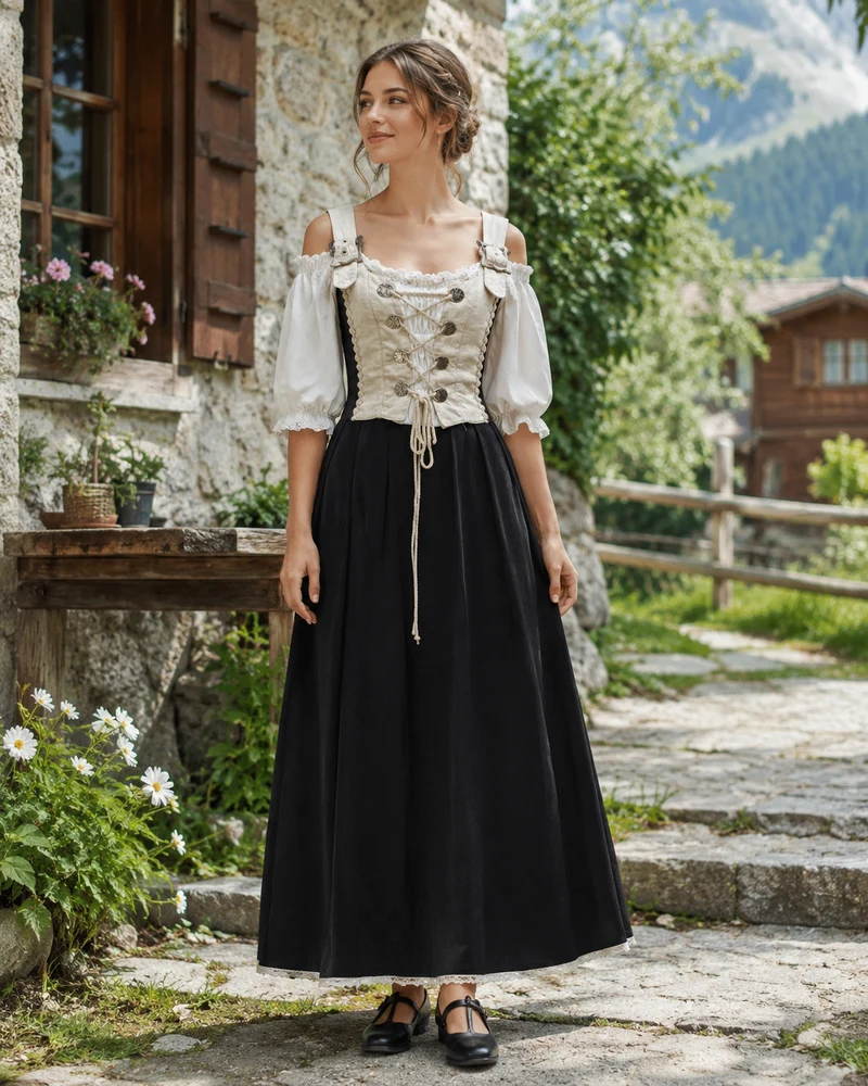 Vintage Landhauskleid lang Natur Schwarz Gr. 36 mit Schnürung