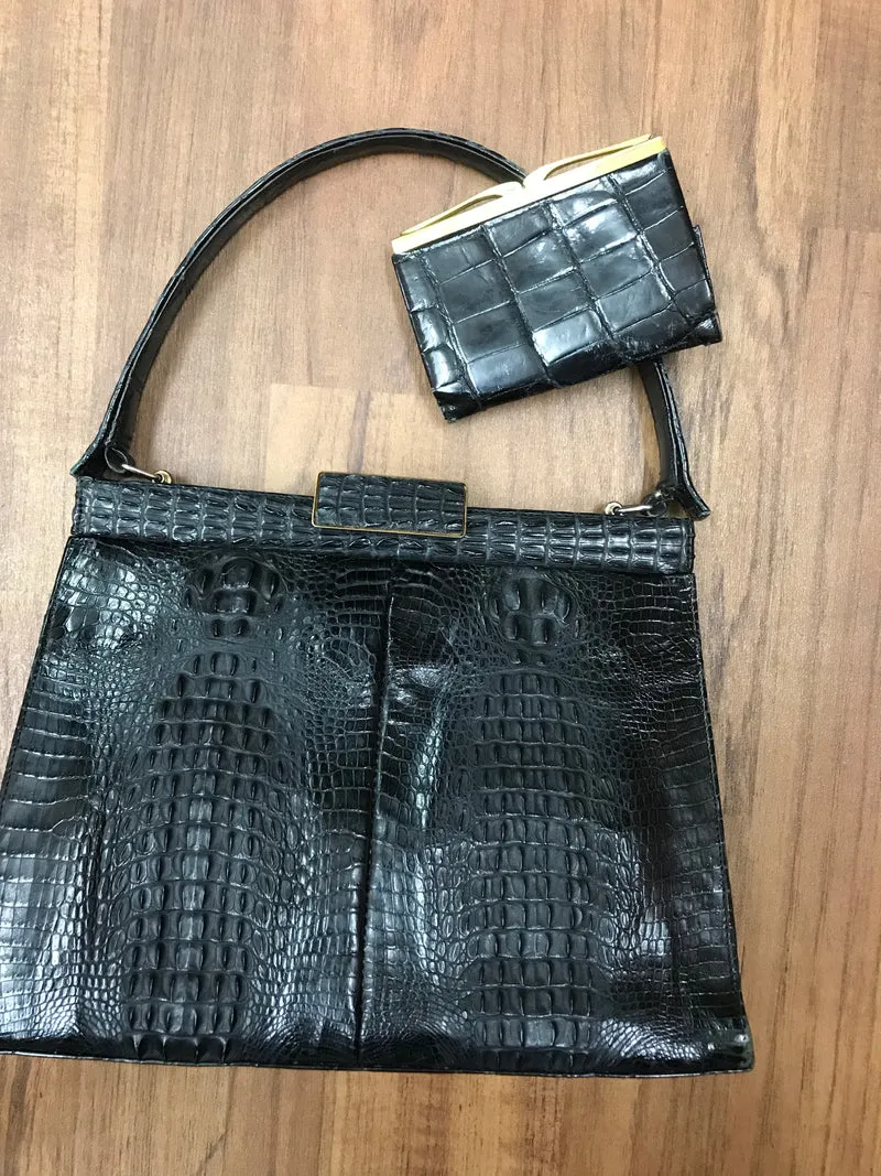 Vintage Krokodilleder-Handtasche mit Geldbörse (50er/60er Jahre)