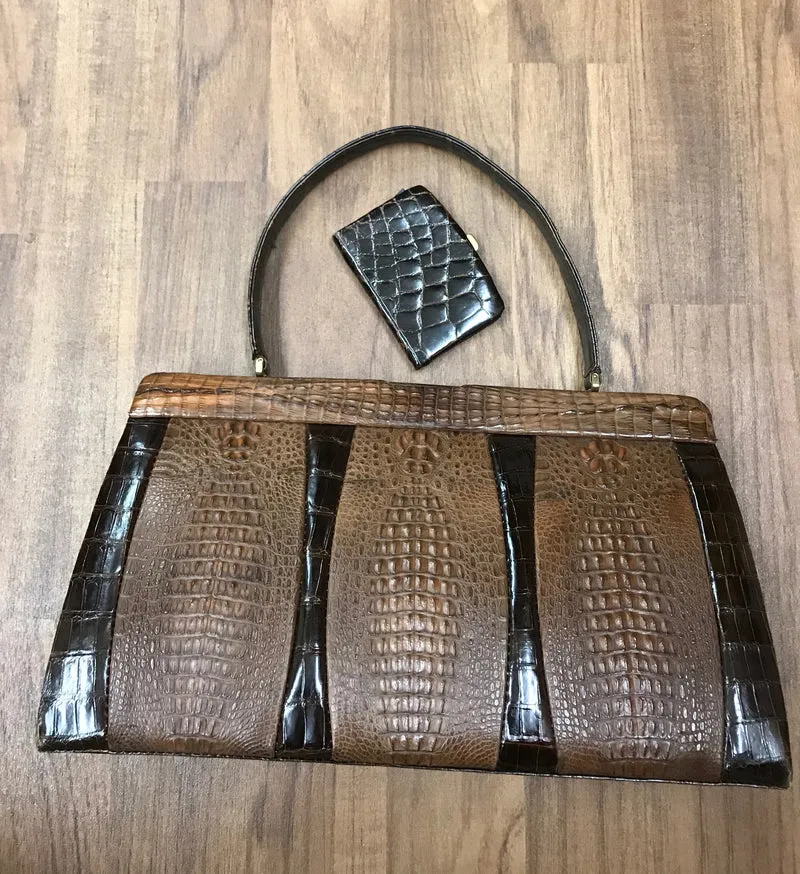 Exklusive Vintage Krokodilleder Handtasche mit passender Geldbörse – Luxus Sammlerstück