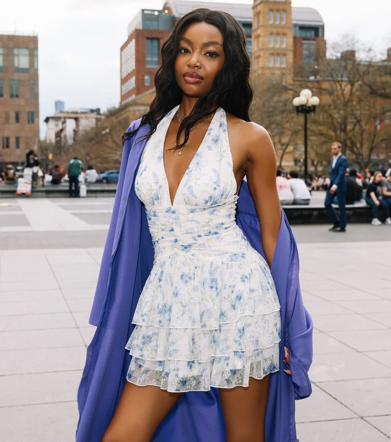 Soft Focus Floral Halter Skater Mini Dress