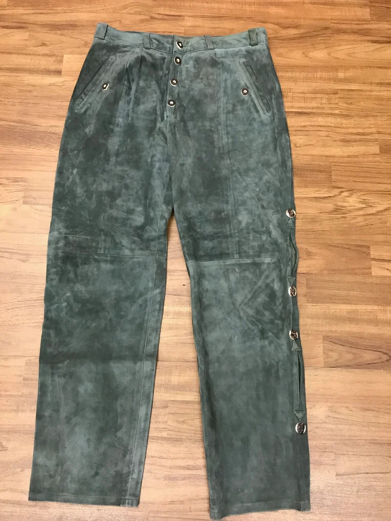 Vintage Trachten Lederhose Herren lang Gr. 52 – dunkelgrün Echtleder 1990er