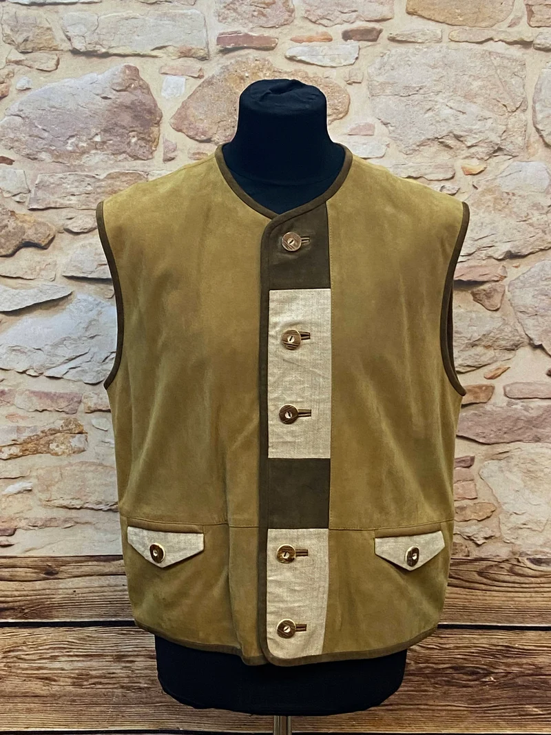 Vintage Trachtenweste aus Echtleder oliv-beige – ungetragen – Gr. 52