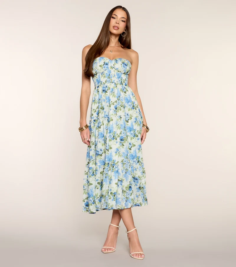 Fresh Cut Florals Strapless Midi Dress