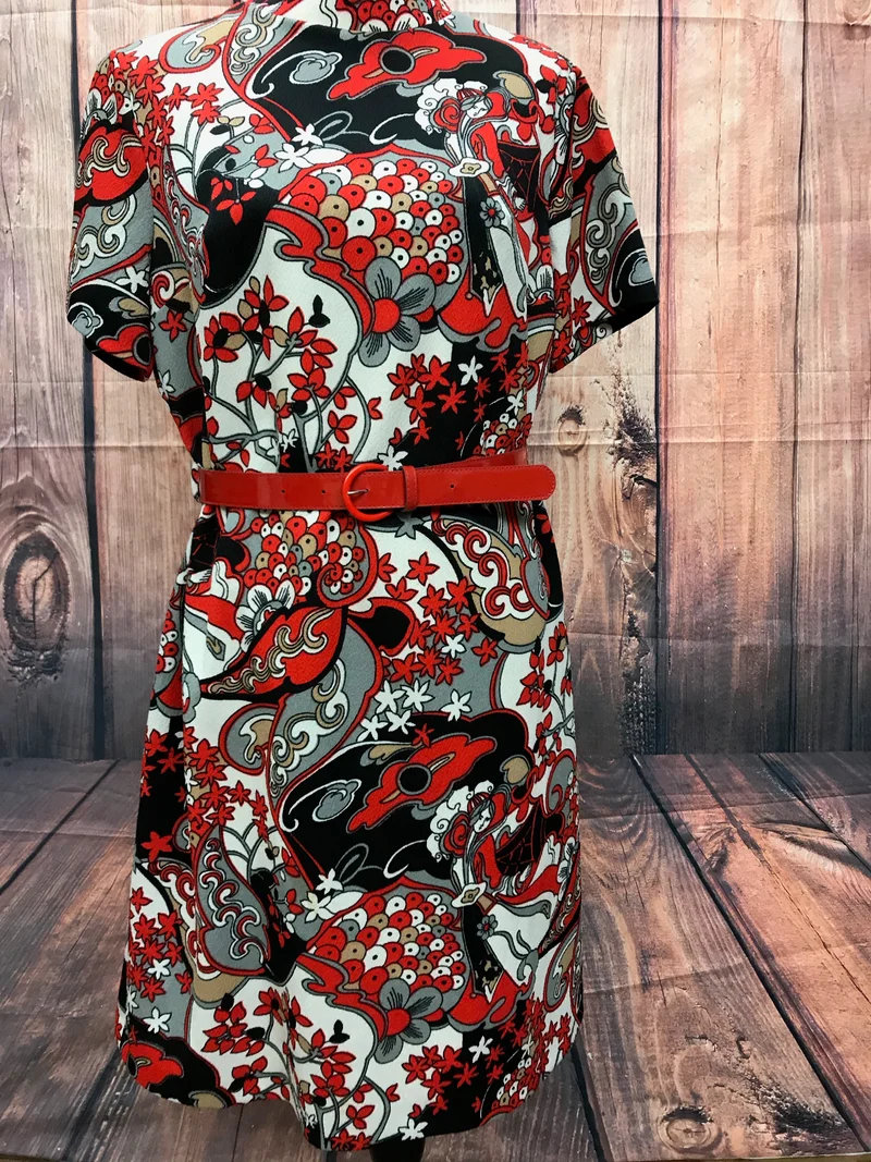 Vintage Kleid – Gr. 46, Rot/Schwarz/Weiß, Unikat, 70er Jahre