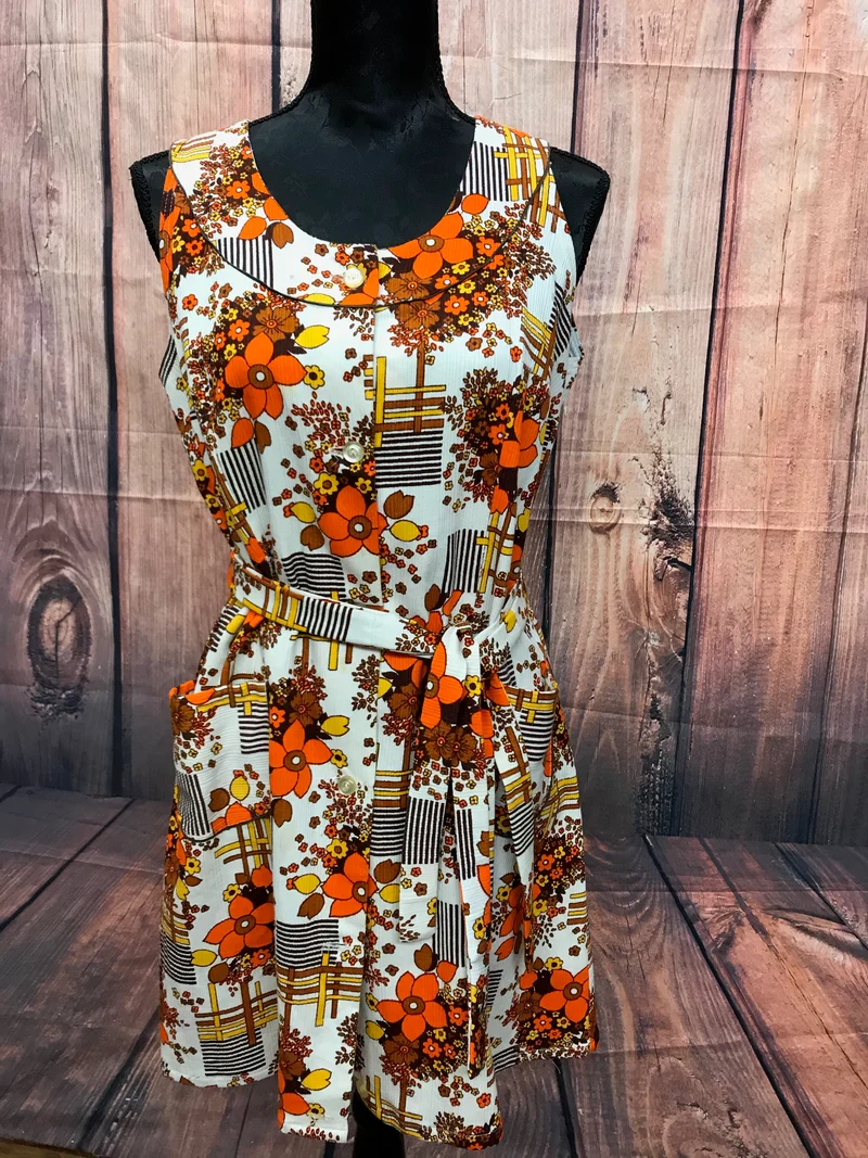 Vintage Kleid – 70er Jahre, Gr. 42, Orange-Braun geblümt (SALE)
