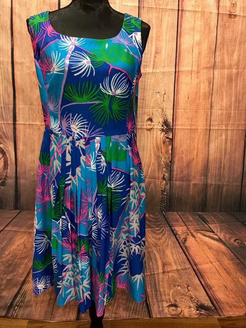 Vintage Kleid – Bleyle, Gr. 42, Blau mit buntem Print, ca. 1980er