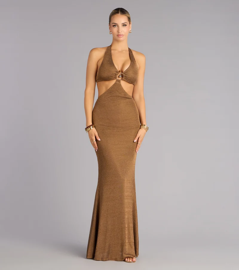 Laren Metallic Halter Mermaid Formal Dress