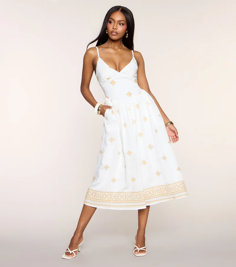 Weekend Wandering Embroidered A-Line Midi Dress
