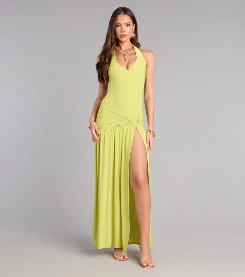 Plans Booked Halter Slit Maxi Dress