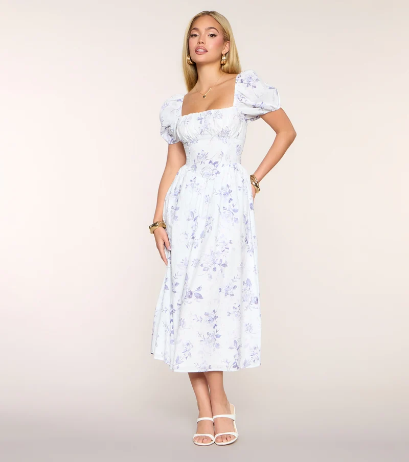 Day Date Floral Print Puff Sleeve Midi Dress