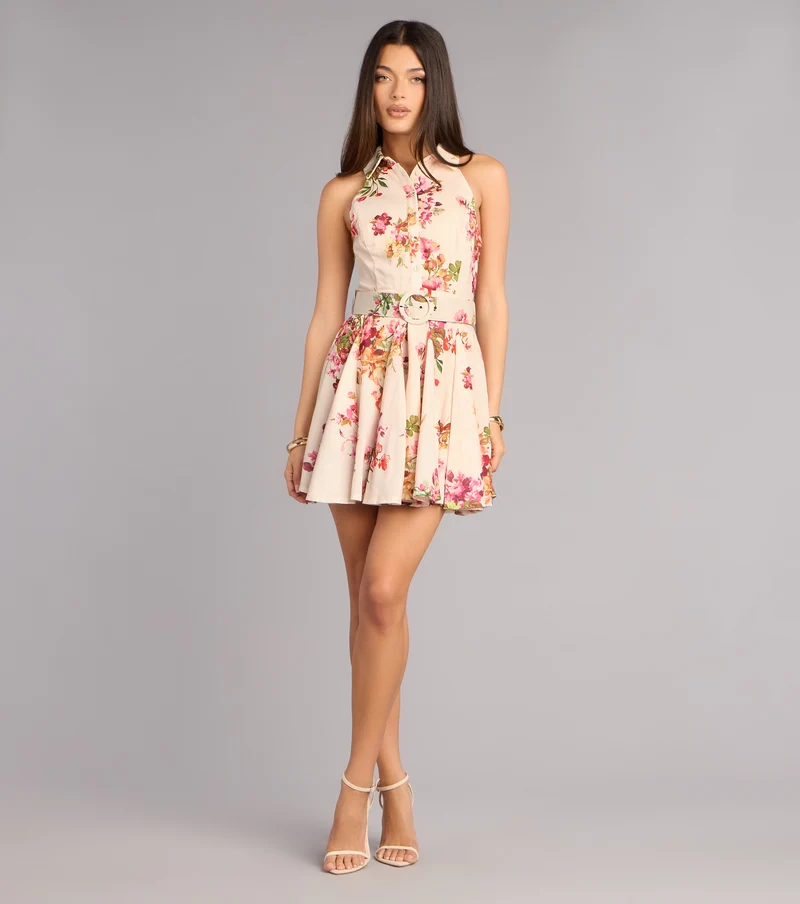 Brunch Plans Belted Floral Skater Dress
