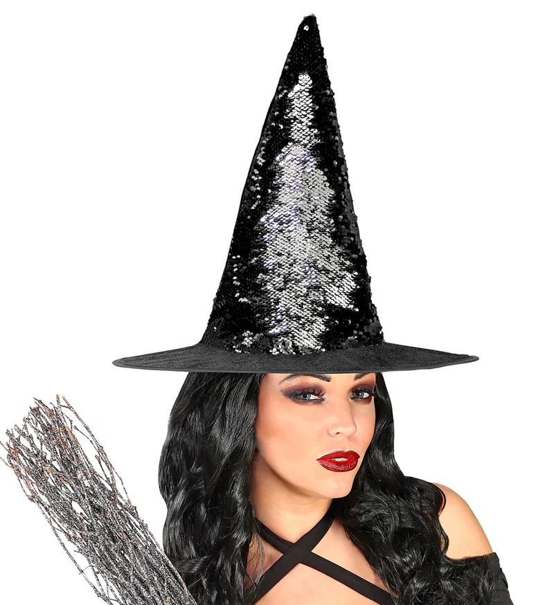Hexenhut mit Wendepailletten schwarz-silber