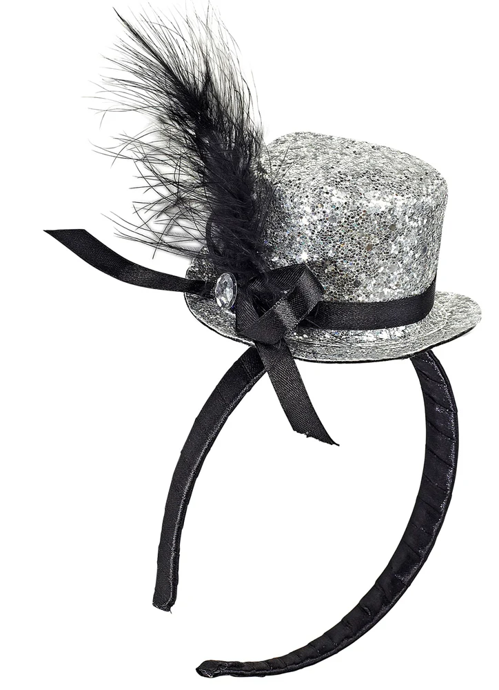 Mini Glitzer Zylinder an Haarreif silber