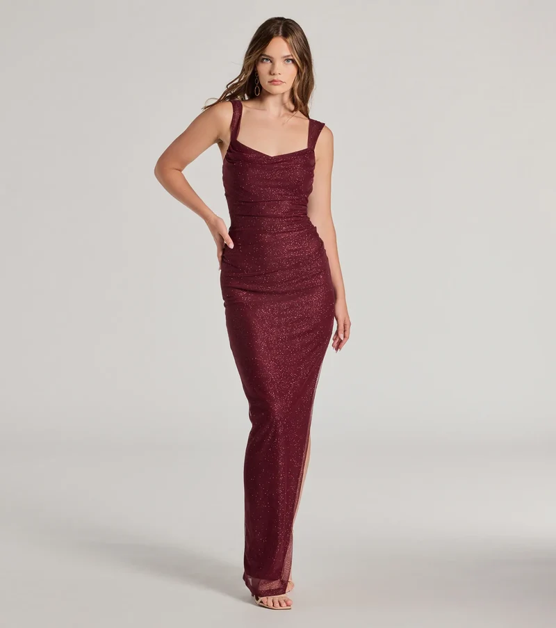 Amora Glitter Mesh High Slit Column Dress