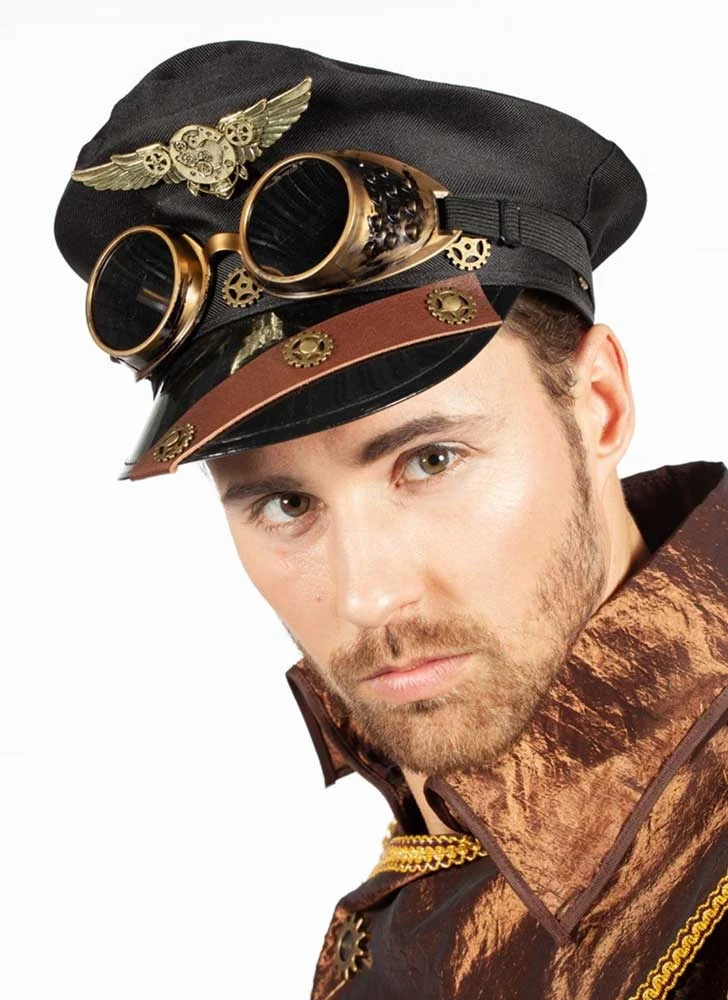 Steampunk Pilotenmütze mit Fliegerbrille