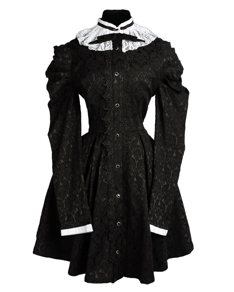 Viktorianisches Brokat Kleid mit weißen Spitzenkragen