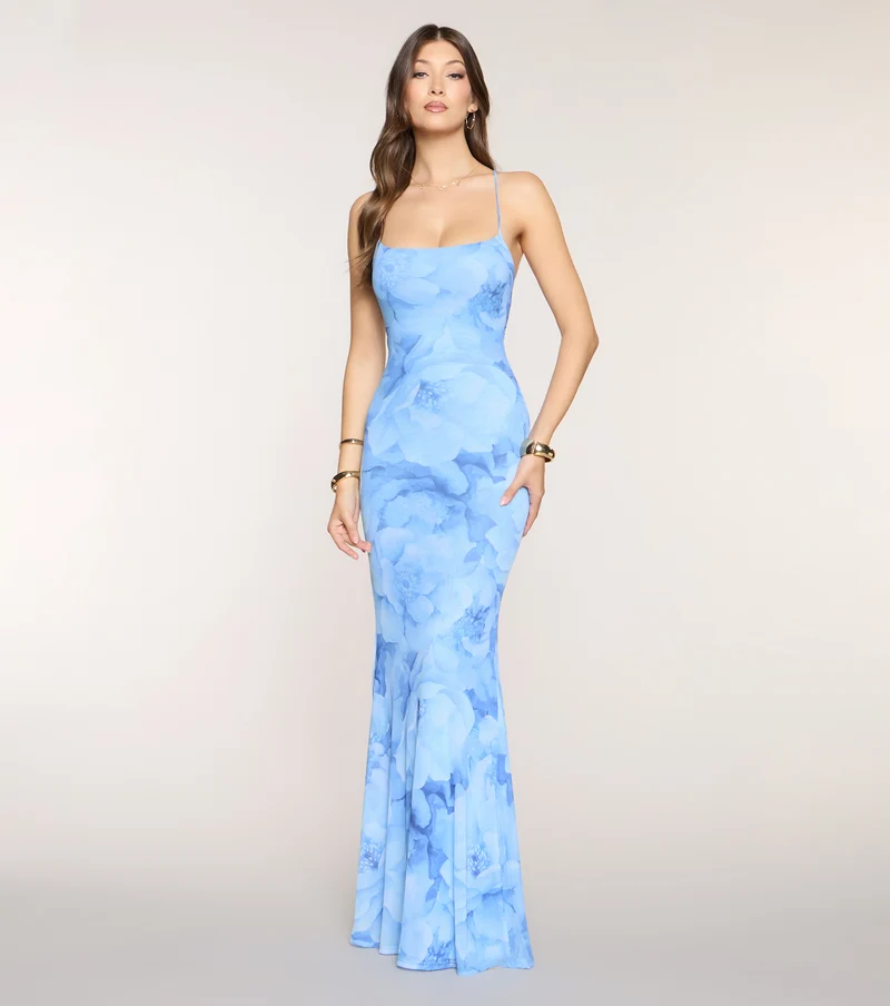 Marva Floral Lace-Up Mesh Formal Dress