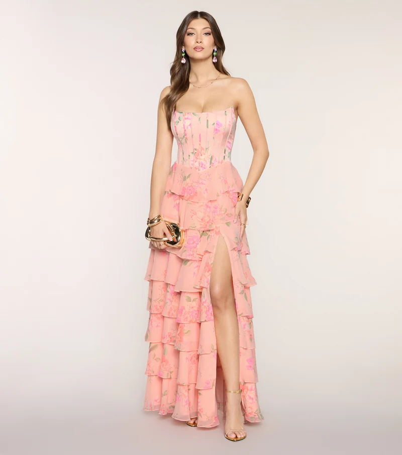 Elira Floral Chiffon Ruffle Formal Dress