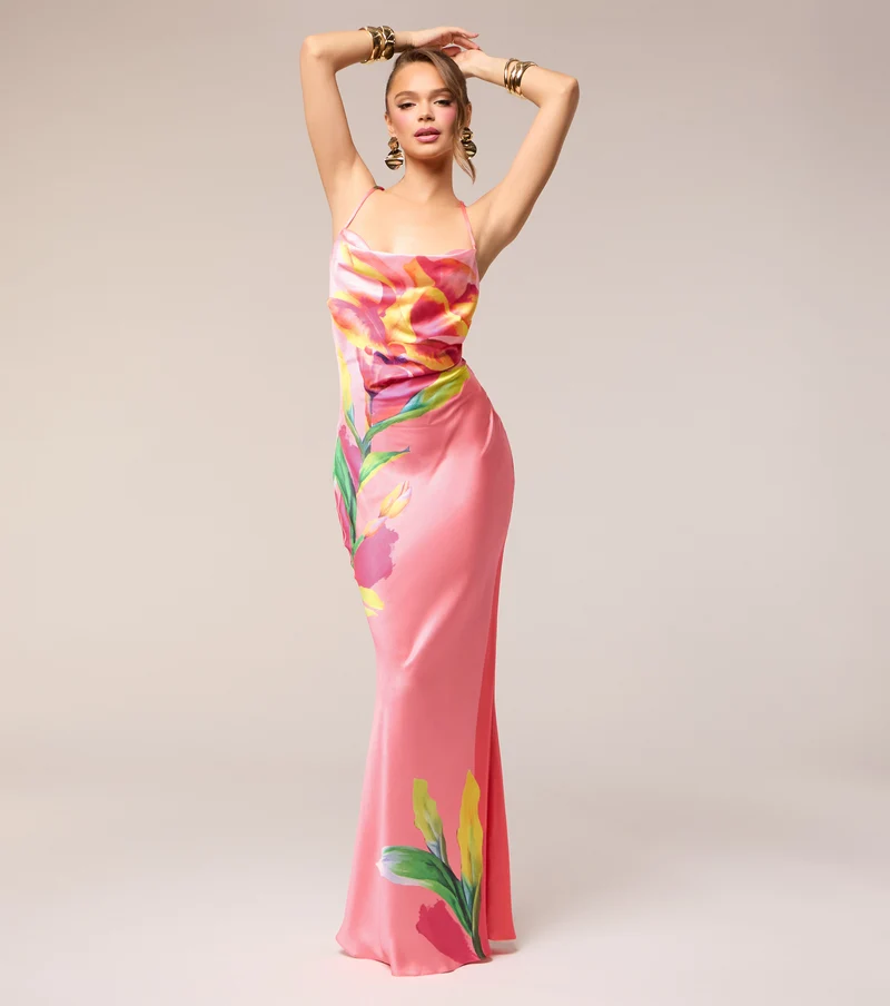 Vacation Glow Floral Satin Maxi Dress