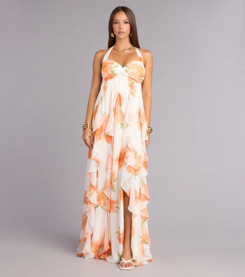 Alaiya Floral Chiffon Ruffle A-Line Dress