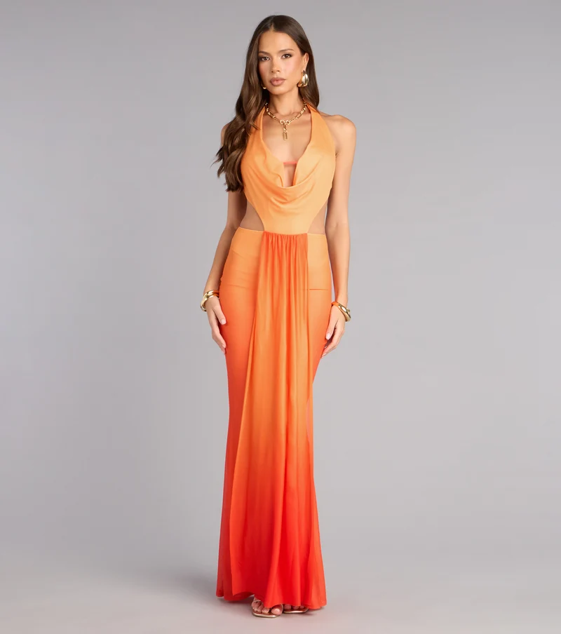 Sunset Muse Ombre Mesh Cutout Maxi Dress