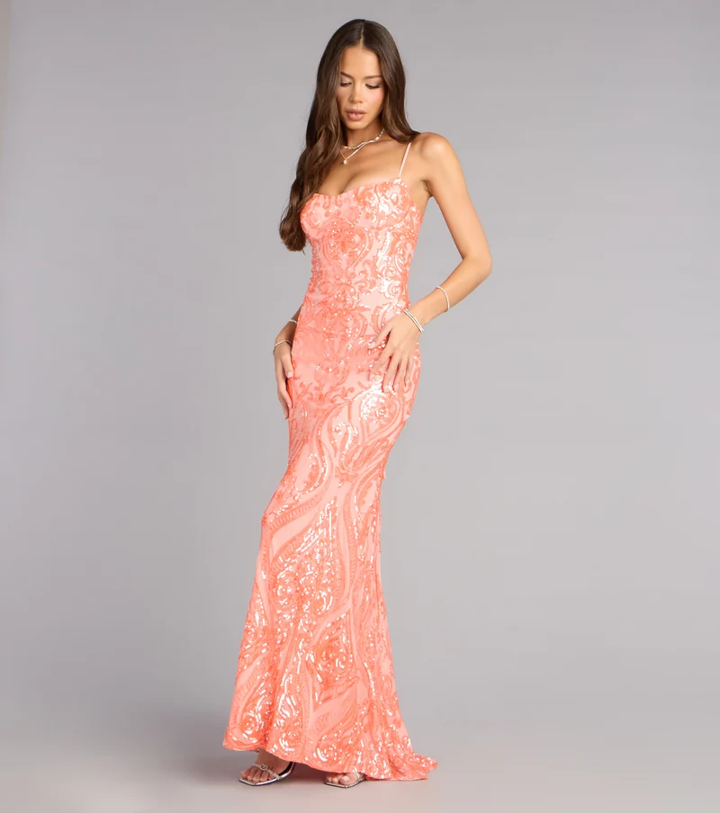 Janie Sequin Lace-Up Formal Dress
